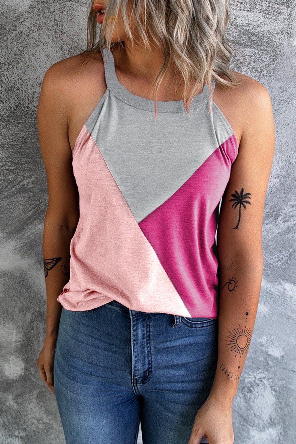 Rose Red Color Block Crewneck TANK TOP