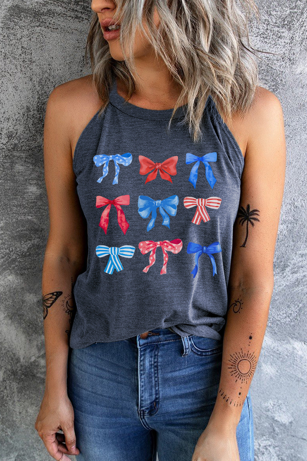 Blue American Flag Bow Knot Graphic Tank Top