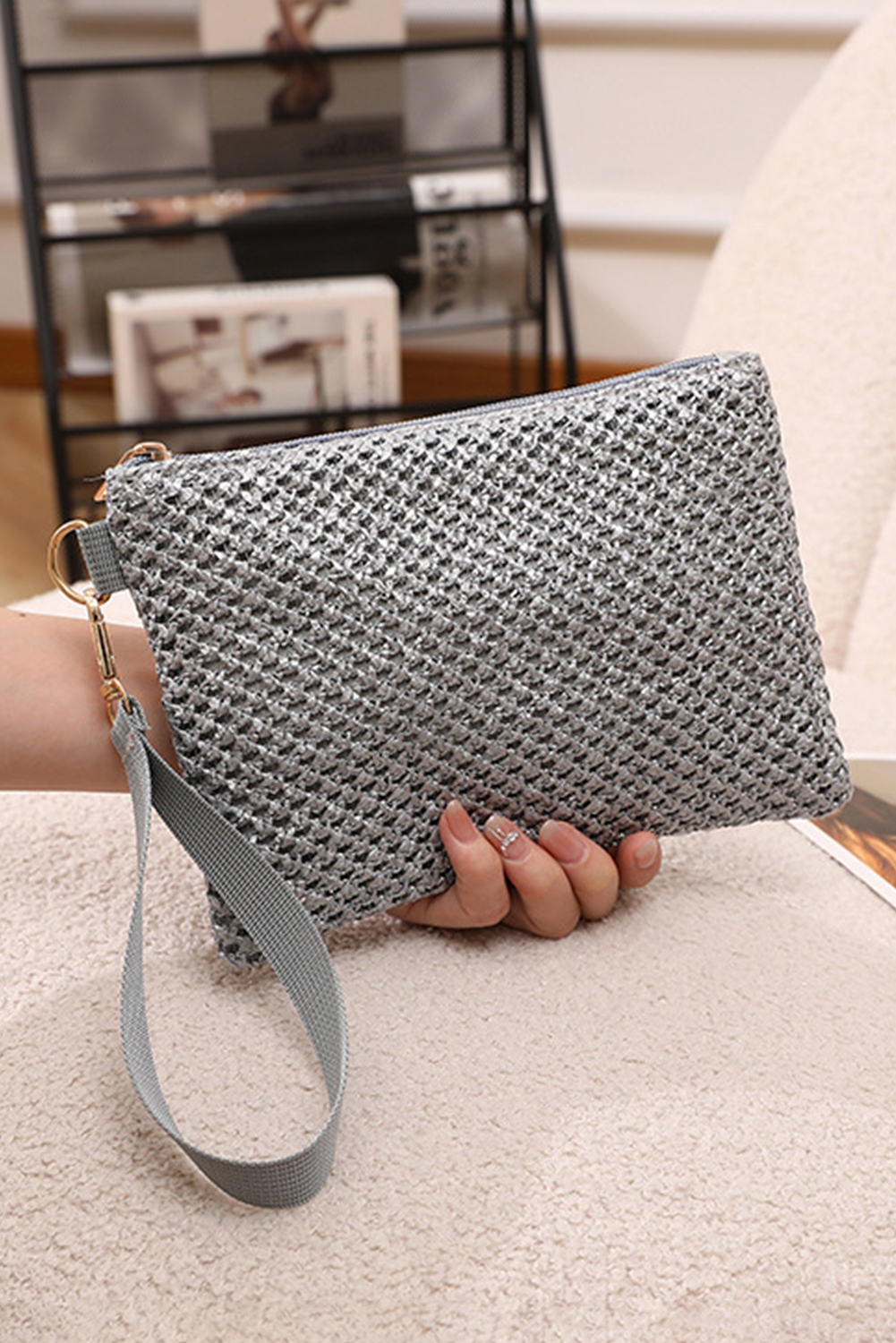 Silvery Woven Zipper Wrist Strap Square Clutch