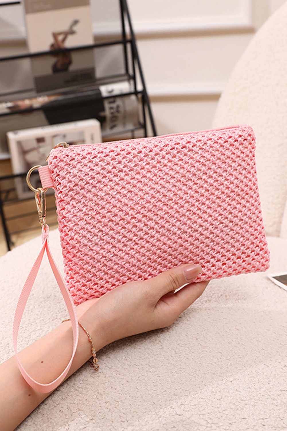 Pink Woven Zipper Wrist Strap Square HandBAG