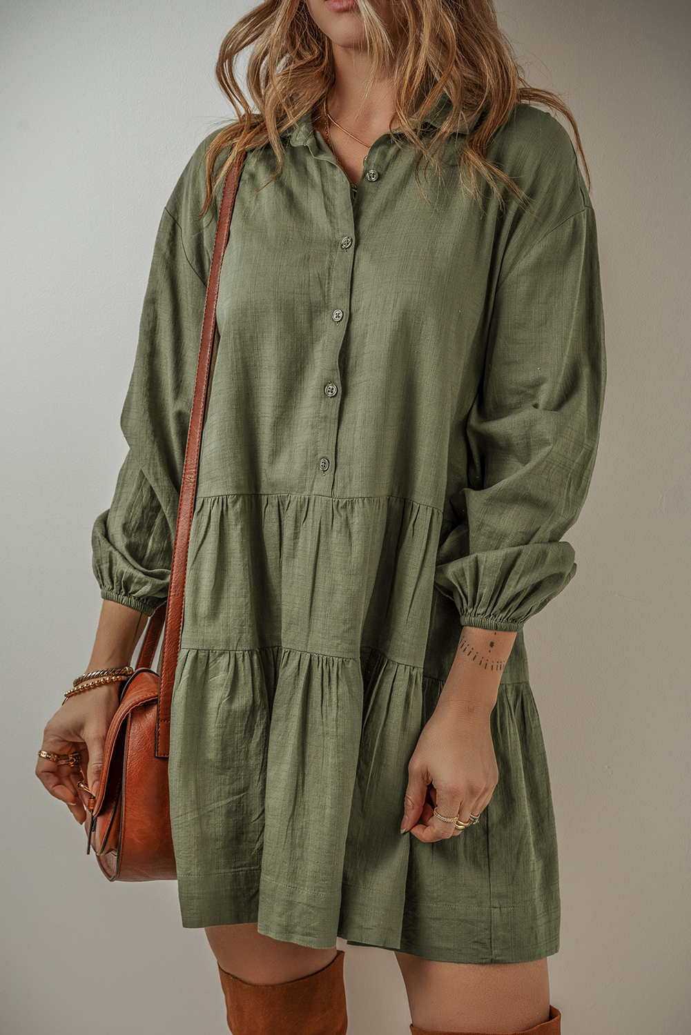 Shewin Wholesale Bulk Jungle Green Puff Sleeve Buttoned Tiered Pleated Mini Shirt DRESS