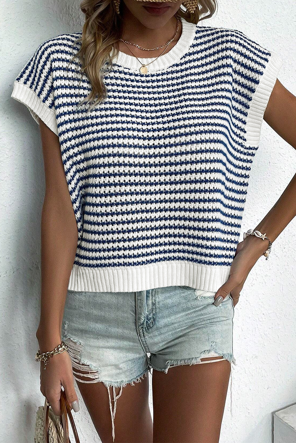 Shewin Wholesale CLOTHING Blue Stripe Contrast Trim Knit Dolman Top