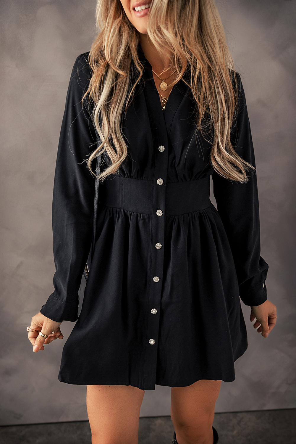 Shewin Wholesale Dropship Black Buttoned High Waist Long Sleeve Mini DRESS