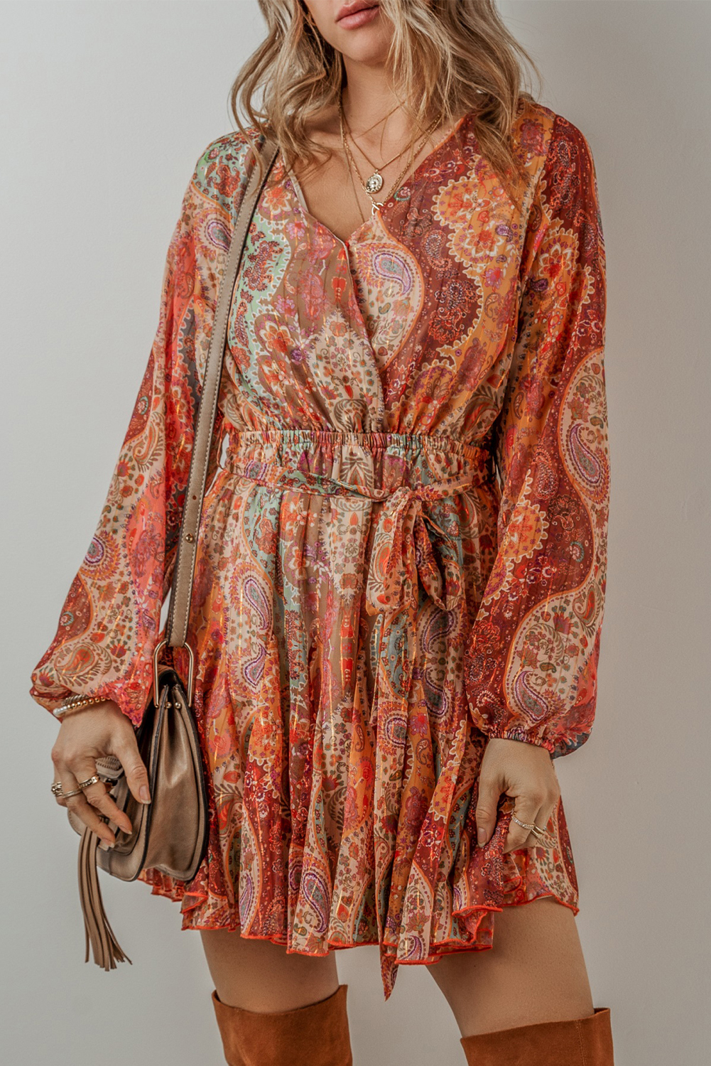 Shewin Wholesale Boutique Orange Boho Paisley Print Long Sleeve Pleated Belted Mini DRESS