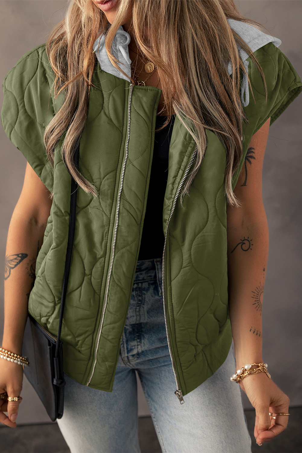 Shewin Wholesale Apparel Jungle Green Quilted Drawstring Hooded Zip Up Puffer VEST