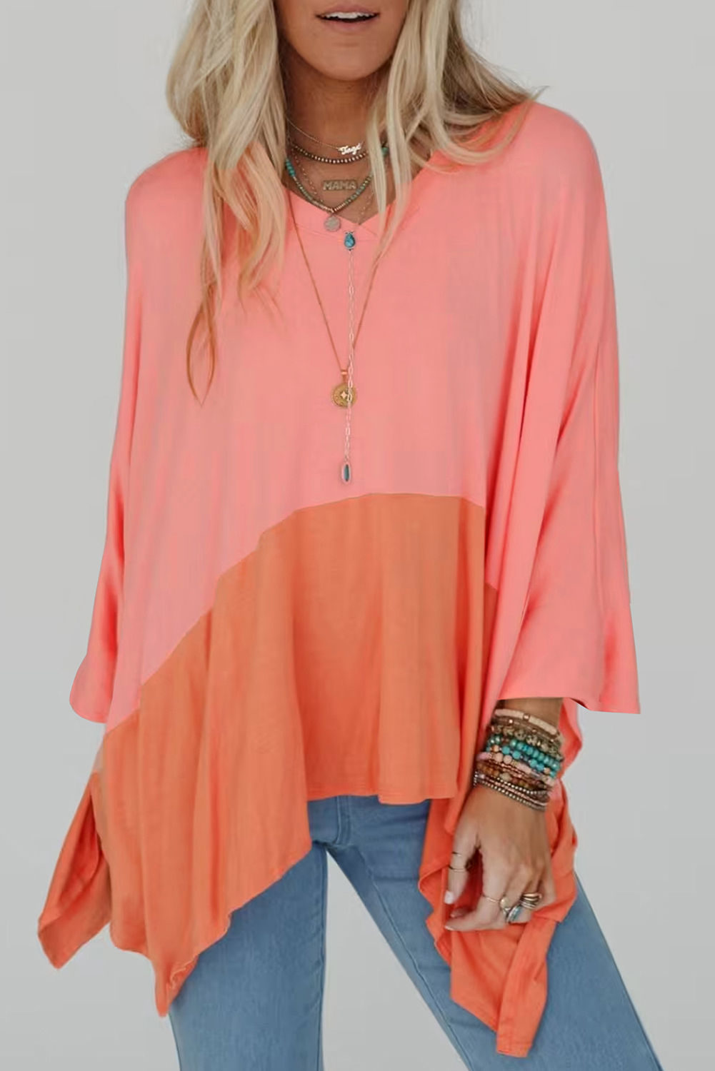 Shewin Wholesale CHIC Women Grapefruit Orange Colorblock V Neck Slits Oversized Top