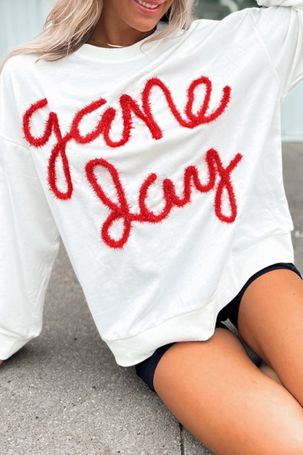 Shewin Wholesale Custom Logo White Tinsel Game Day Drop Shoulder SWEATSHIRT