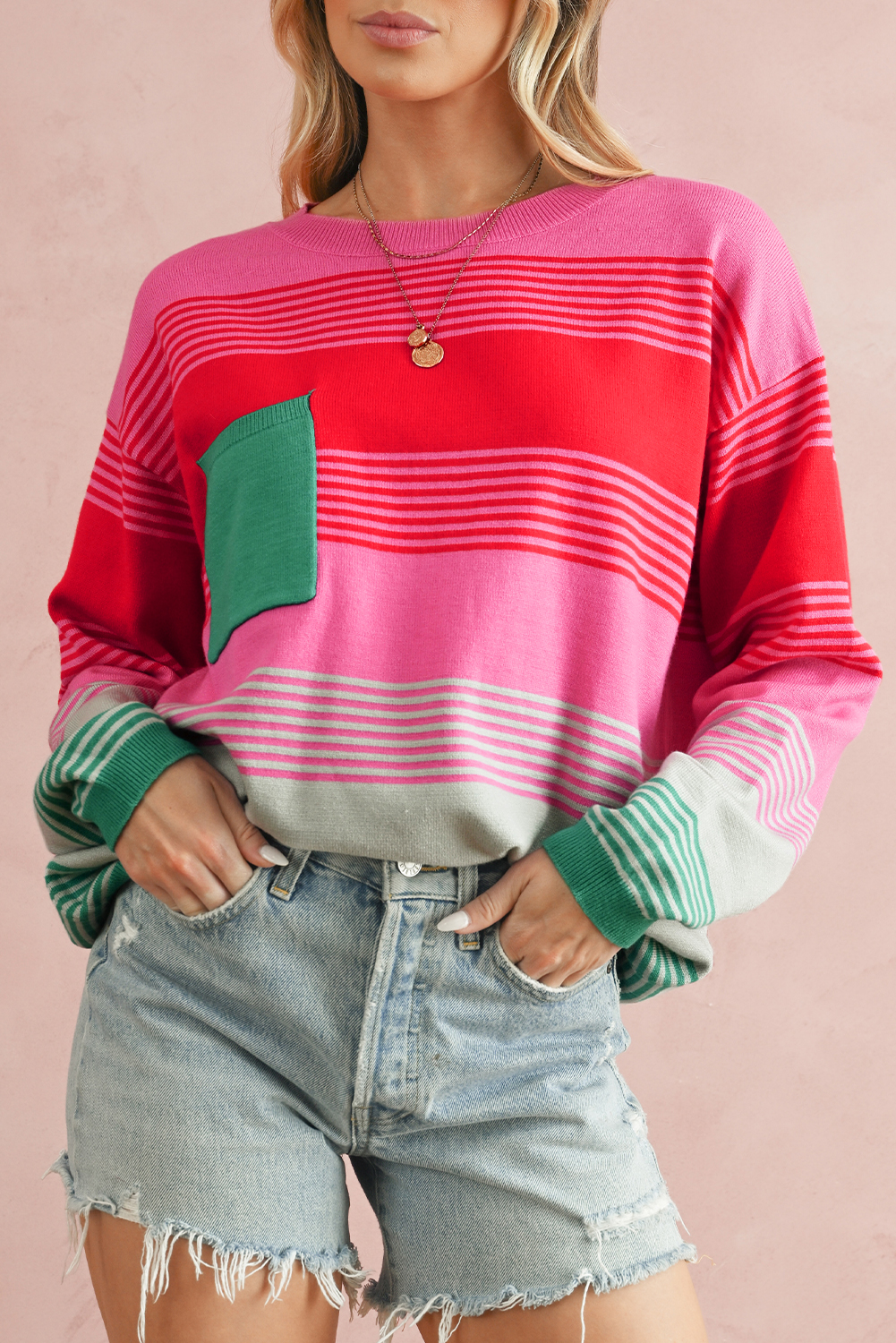 Shewin Wholesale Apparel Rose Striped Patch Pocket Drop SHOULDER Knit Sweater