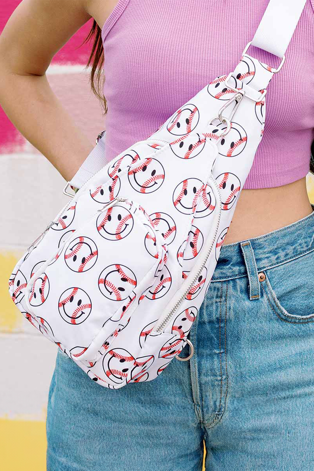 Shewin Wholesale Casual White Smiley Face Baseball Print Wide BELT Crossbody Bag