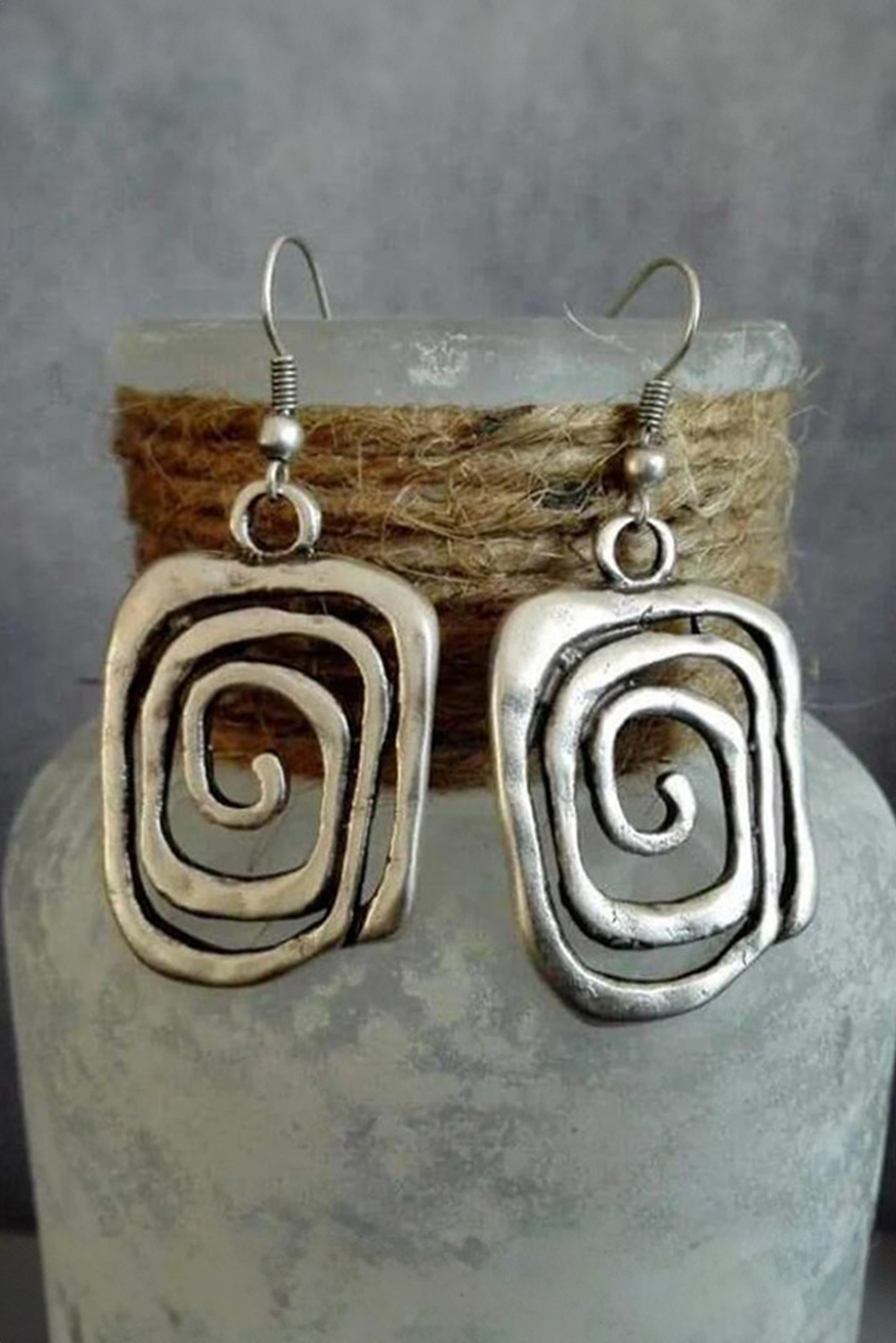 Silvery VINTAGE Square Swirl Hook Earrings