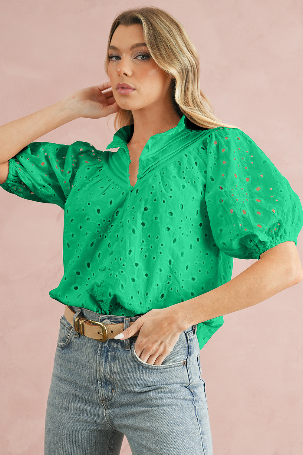 Green Flower Hollow-out Short Puff Sleeve Blouse