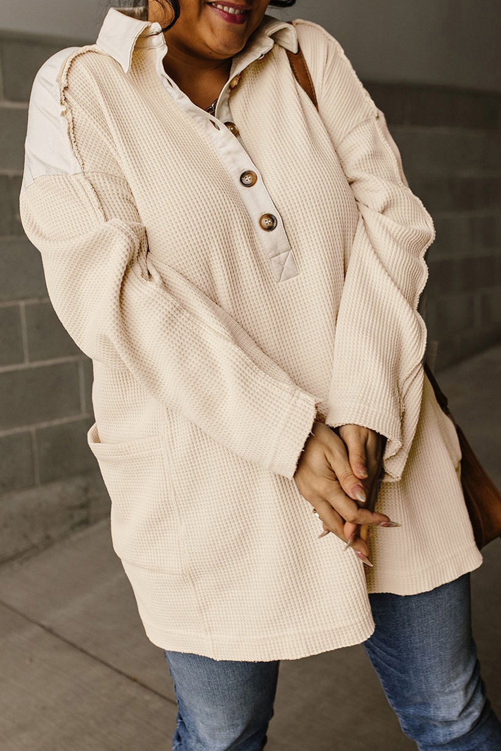 Jet Stream Waffle Patchwork Side POCKETS Henley Collared Plus Size Top