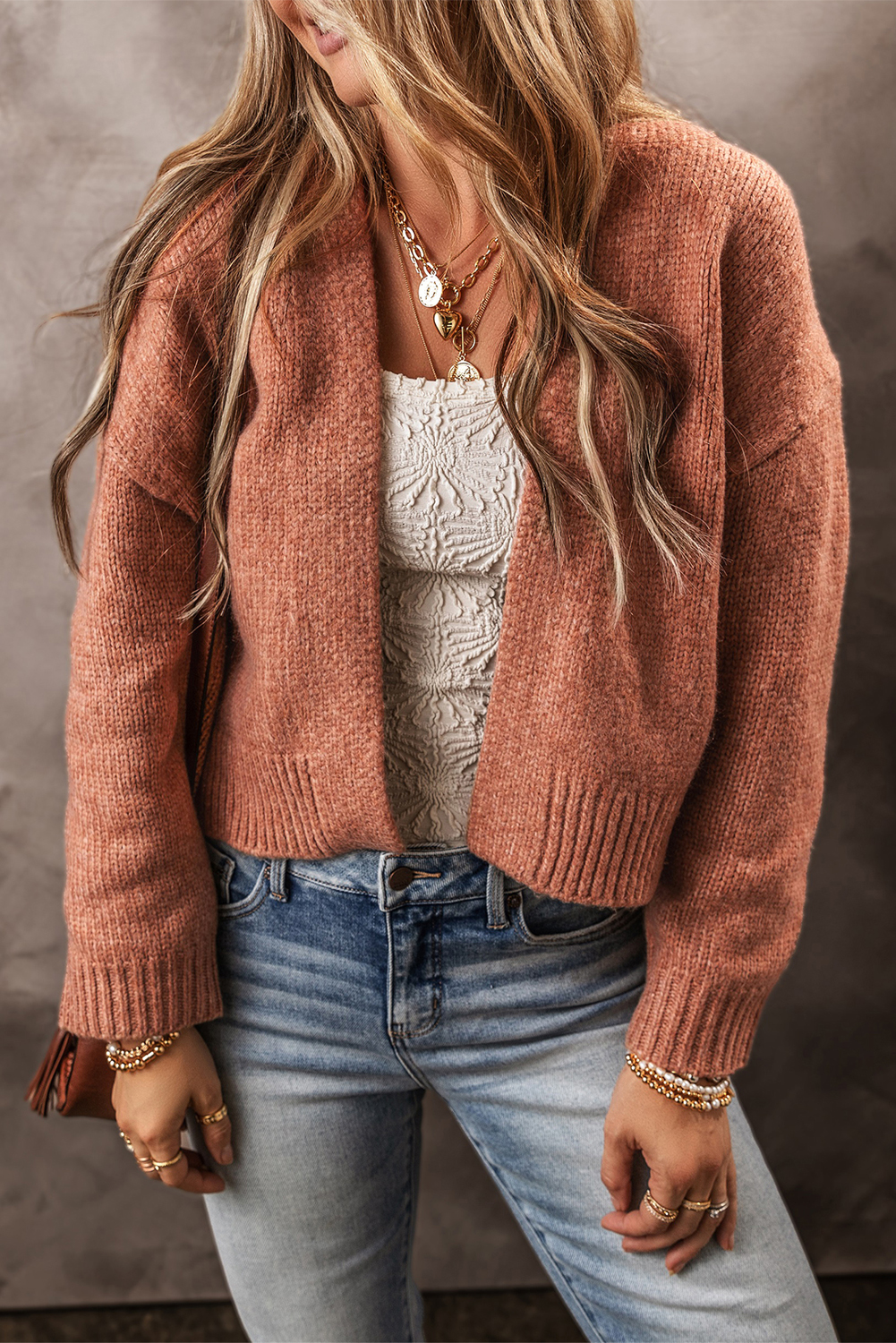 Shewin Wholesale Boutique Light French Beige Drop Sleeve Open Front Cropped CARDIGAN