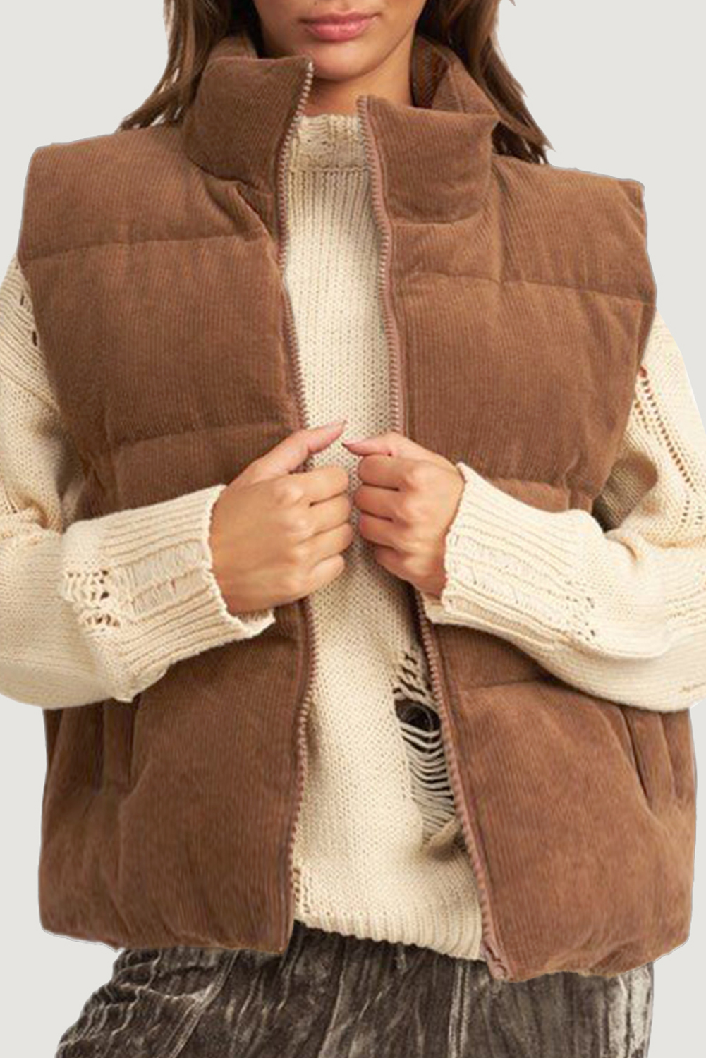 Shewin Wholesale Suppliers COFFEE Solid Color Corduroy Puffer Vest Coat