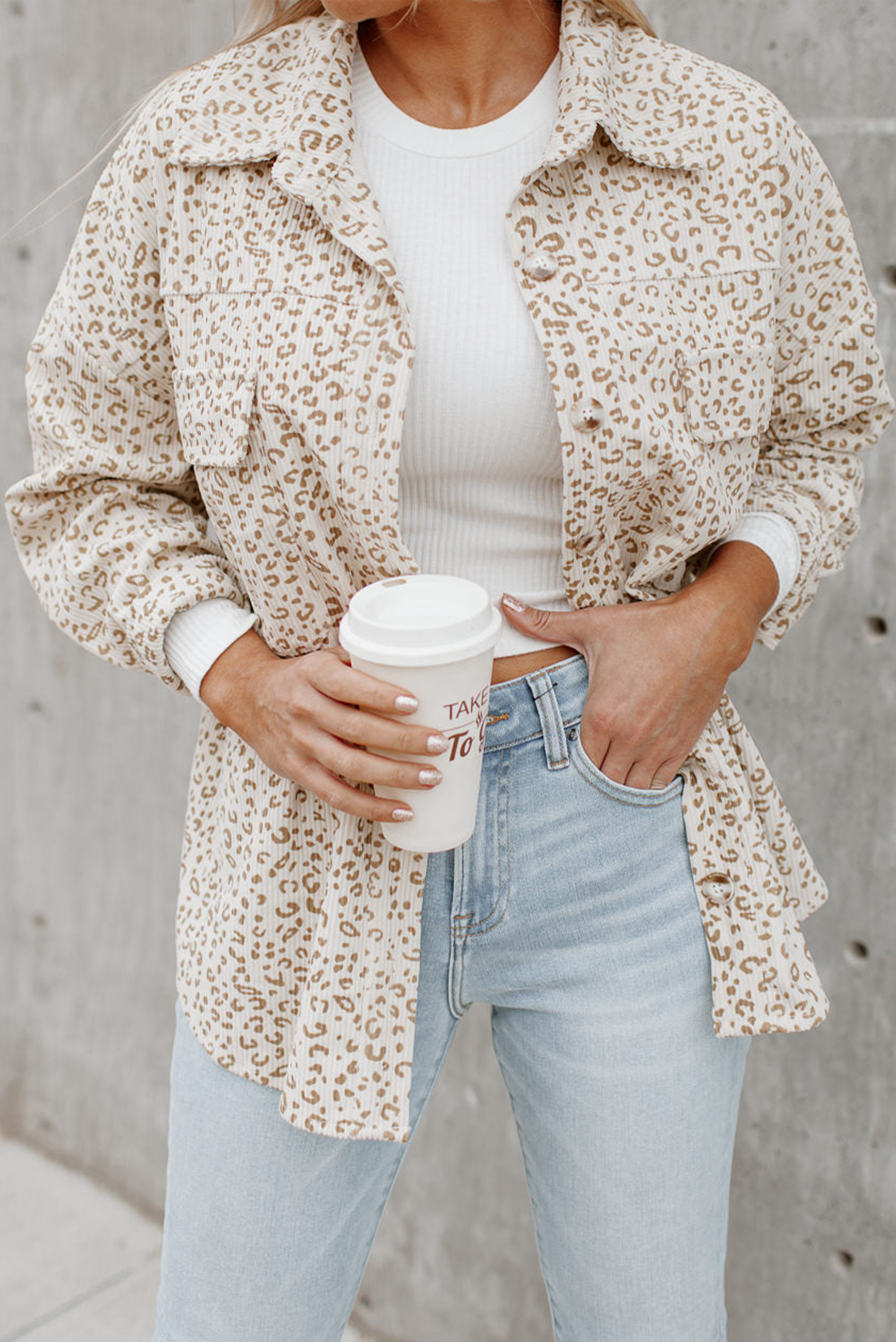 Shewin Wholesale Trendy Beige Leopard Print Flap POCKETS Buttoned Corduroy Shacket