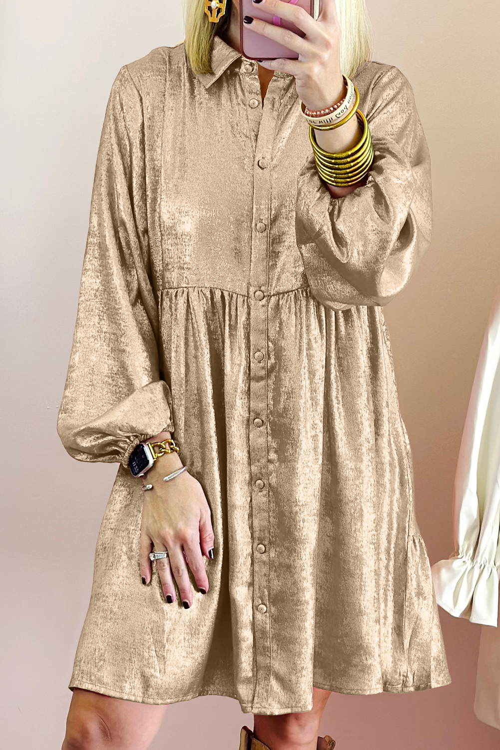 Shewin Wholesale Clothing Apricot Metallic Sheen Puff Sleeve Button Up Mini Shirt DRESS