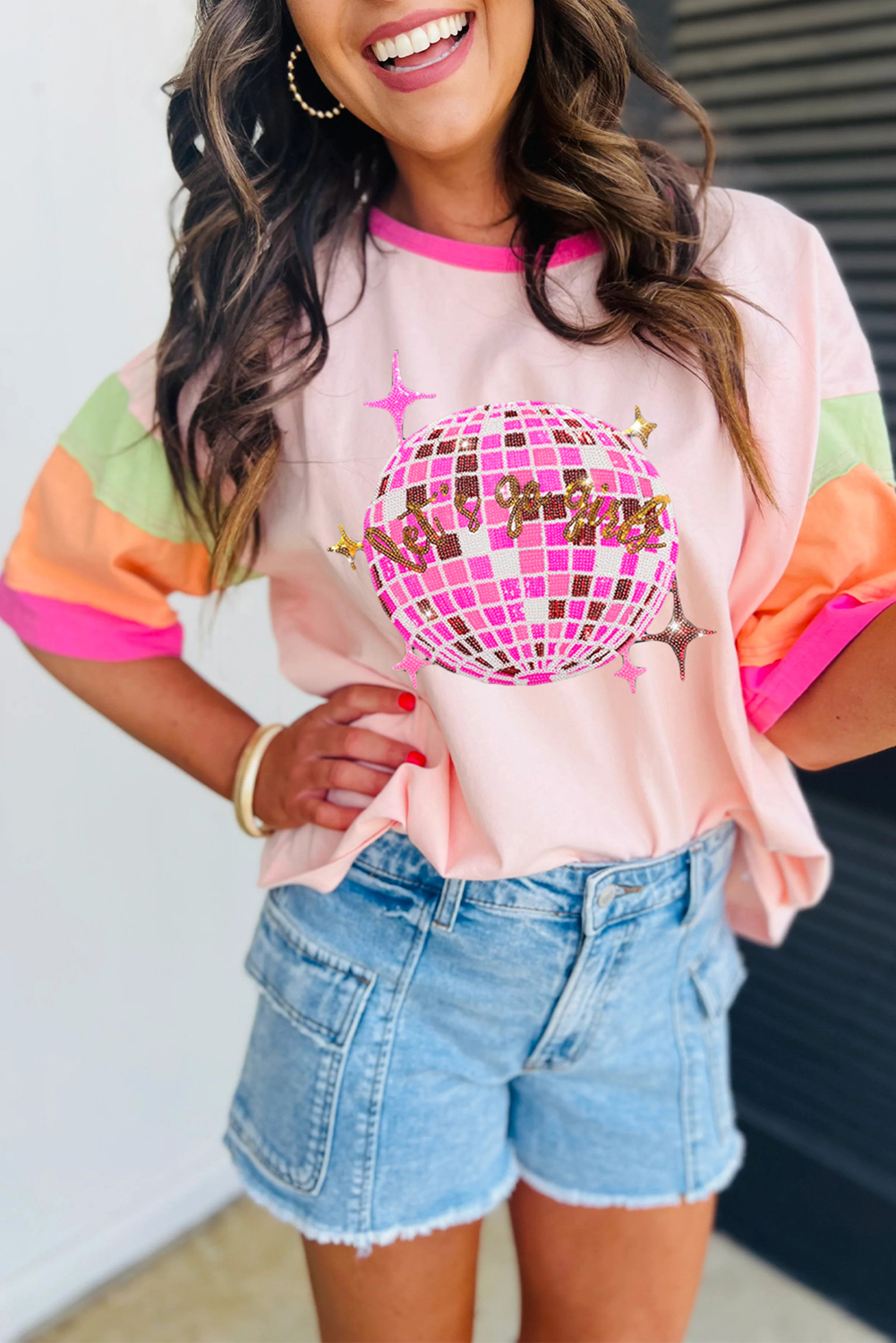 Shewin Wholesale New arrival Pink Sequin Plaid DISCO Light BALL Graphic Color Block Sleeve Tee