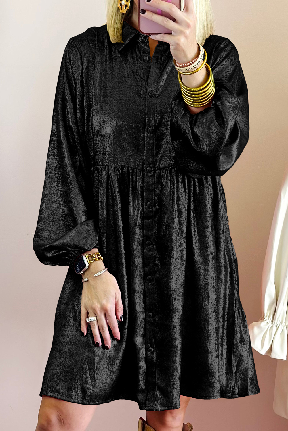 Shewin Wholesale Custom Logo Black Metallic Sheen Puff Sleeve Button Up Mini Shirt DRESS