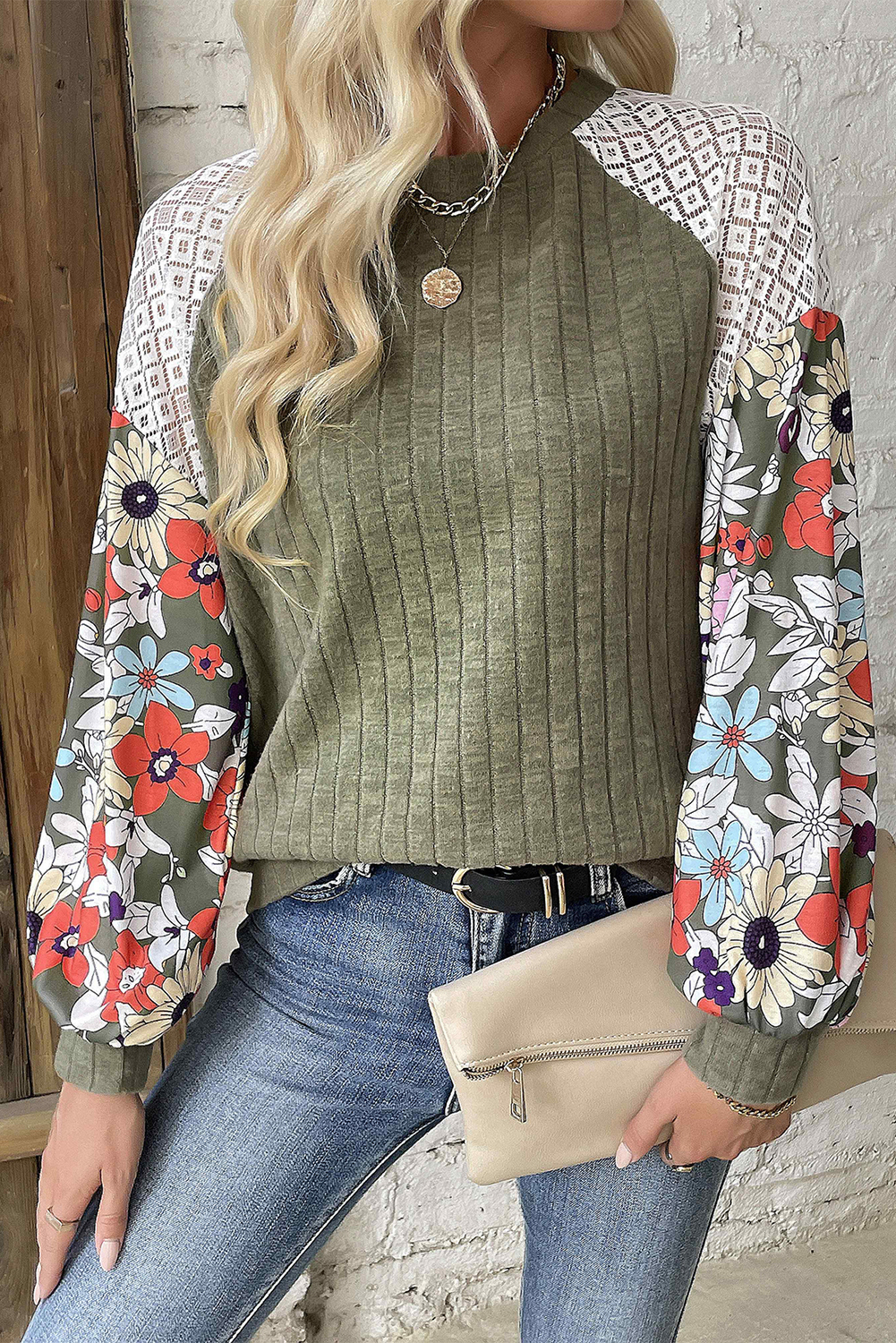 Shewin Dropshipping Laurel Green Floral Patchwork Raglan Sleeve Ribbed Blouse