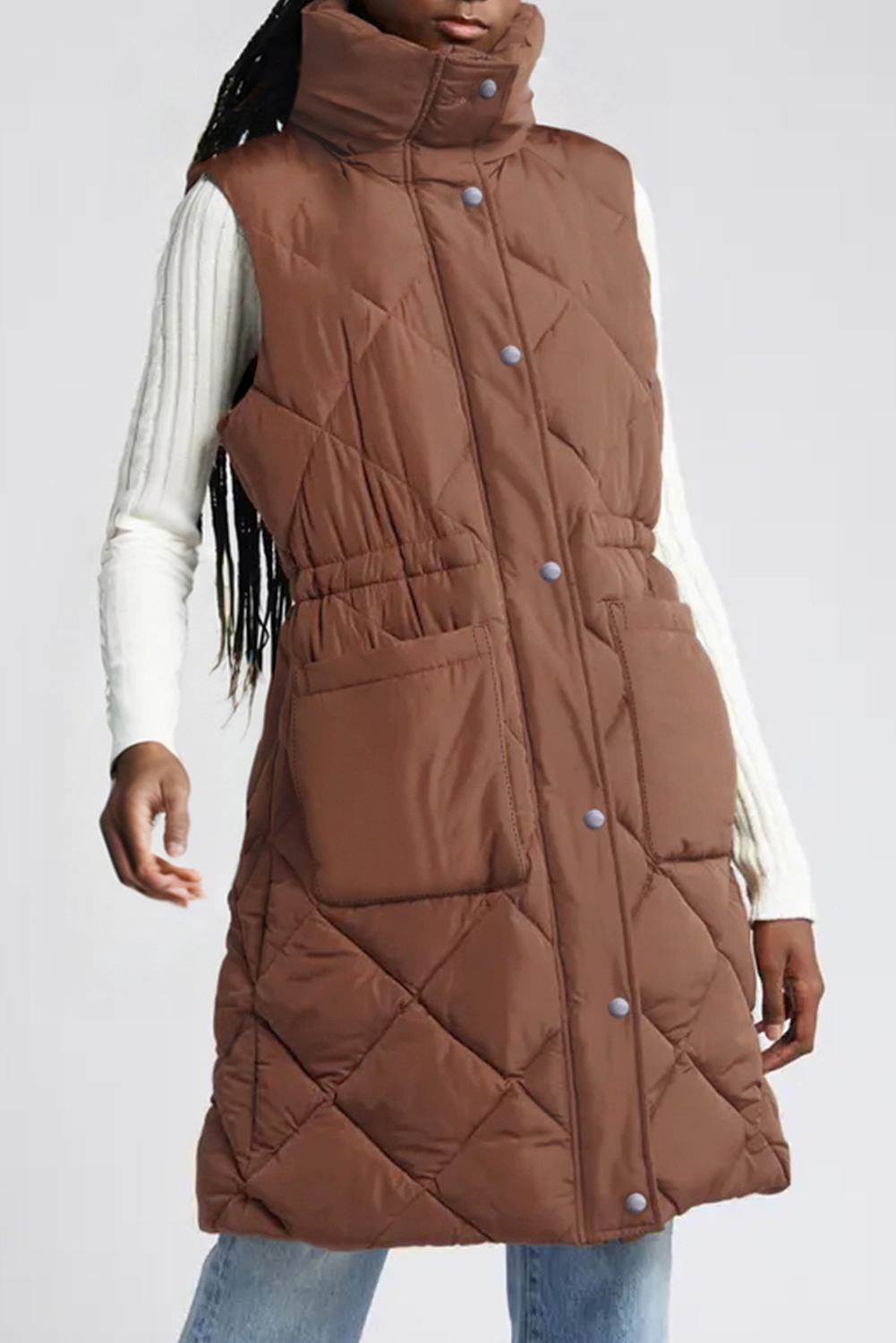 Shewin Wholesale Trendy Coffee Puffer Quilted Stand Collar Pocketed Vest COAT