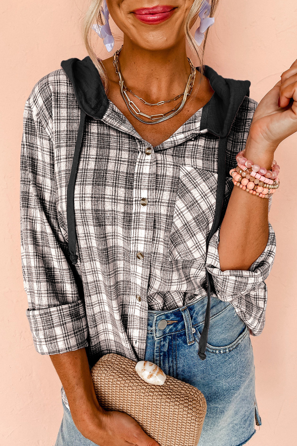 Black Checkered Print Hooded Patchwork Loose Fit Shacket