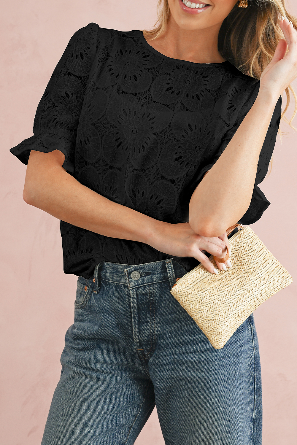 Shewin Wholesale Distributor Black FLOWER Eyelet Jacquard Keyhole Back Puff Sleeve Top