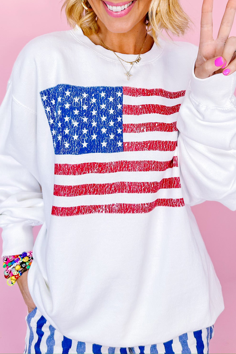 Shewin Wholesale New arrival White American FLAG Graphic Drop Shoulder Loose Sweatshirt