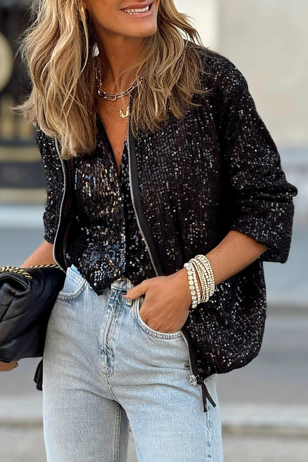 Black Sequin Zipper-up JACKET