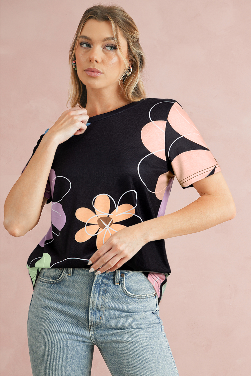 Black Summer Flower Print Round Neck T SHIRT