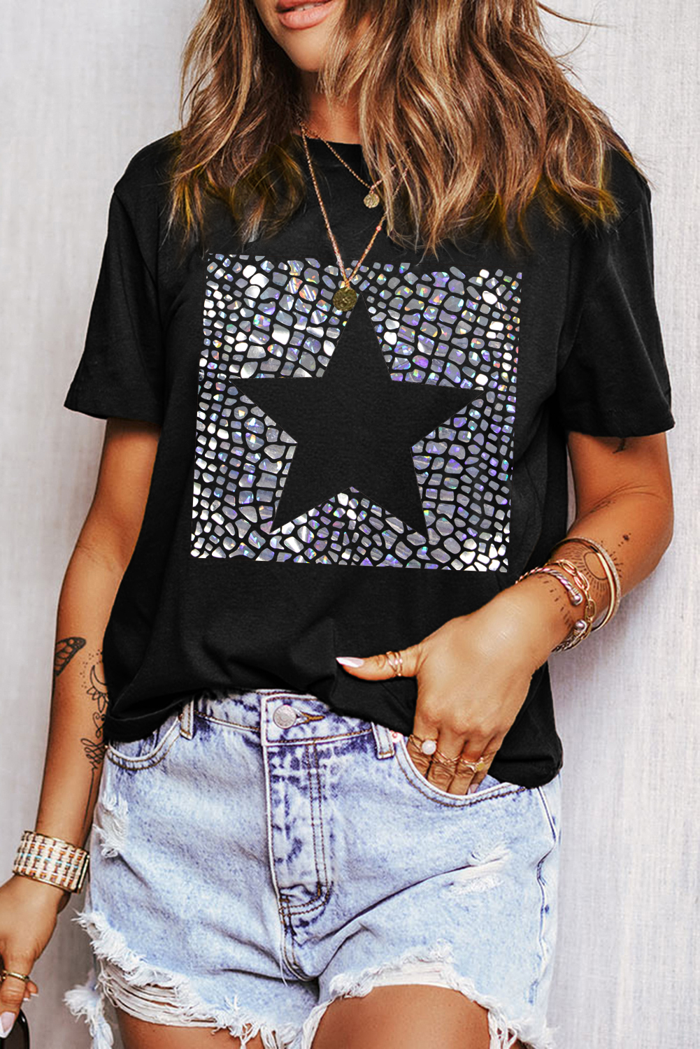 Black Star Marble GLITTER Graphic Crew Neck T Shirt