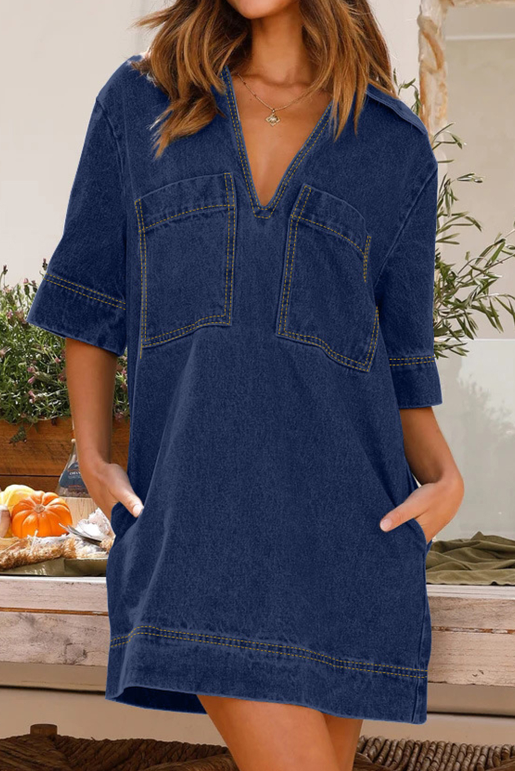 Shewin Wholesale 2024 Hot Sail Blue Soft DENIM Lapel Mid Sleeve Loose DENIM Dress