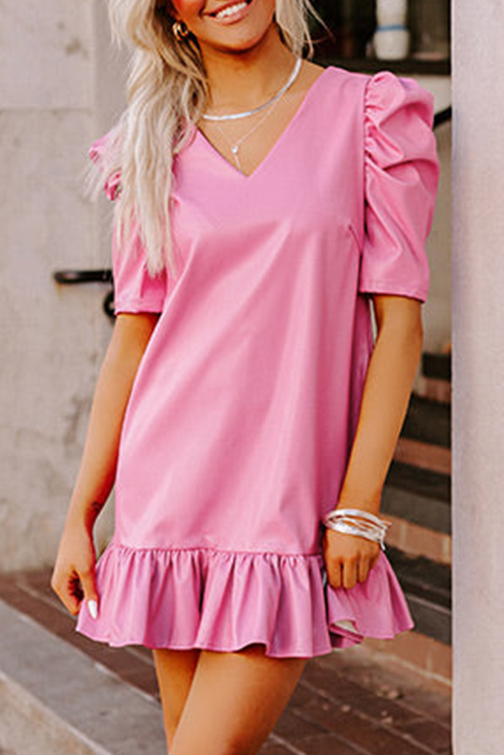 Shewin Wholesale Dropshipping Sachet Pink Plain Bubble Sleeve V Neck Ruffle Hem Leather Mini DRESS