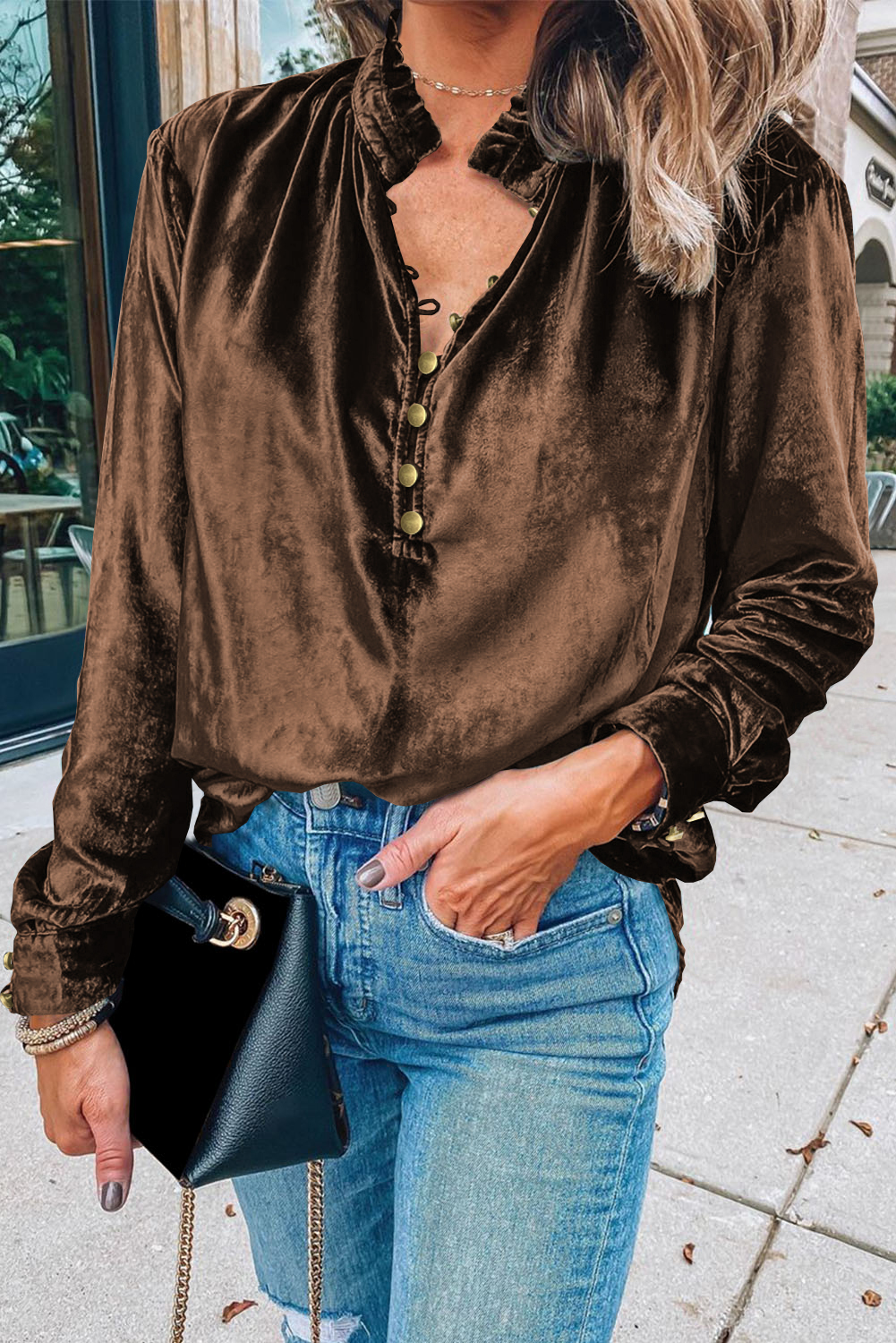 Shewin Wholesale Fall Desert Palm Frilled Neck Buttoned Front VELVET Top