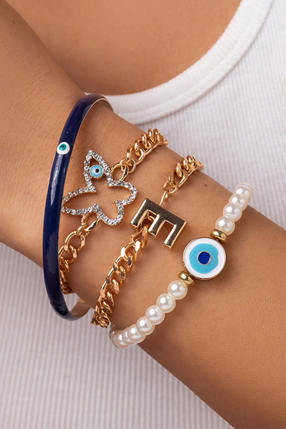 Shewin Wholesale Elegant Gold 4pcs PEARL Evil Eye Chain Bracelet Set