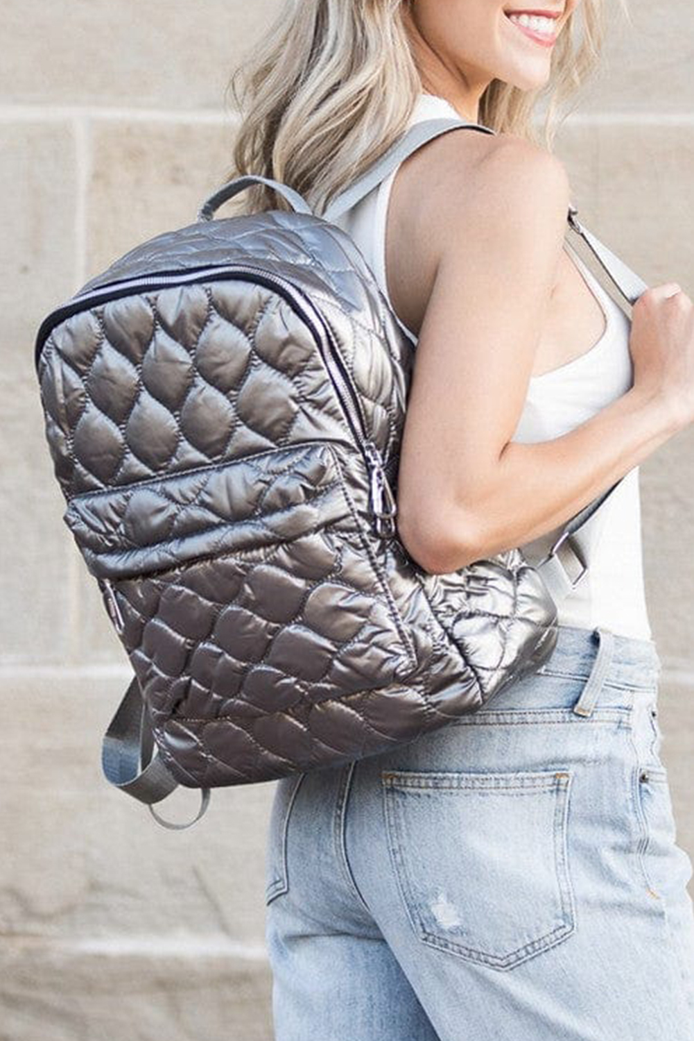 Shewin Wholesale Chic Women Silvery Solid Color Quilted Zipped BACKPACK