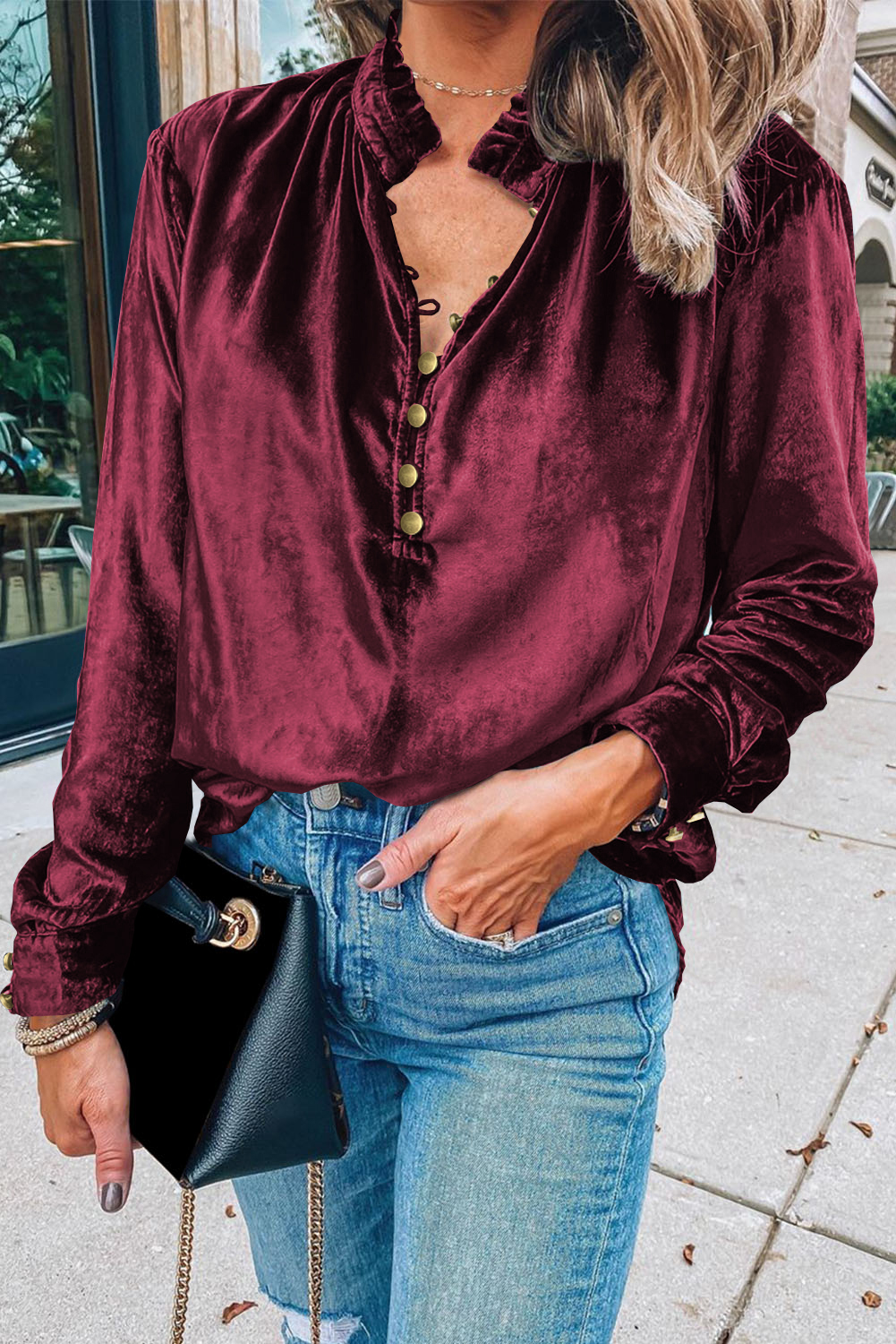 Red Frilled Buttoned V Neck VELVET Blouse