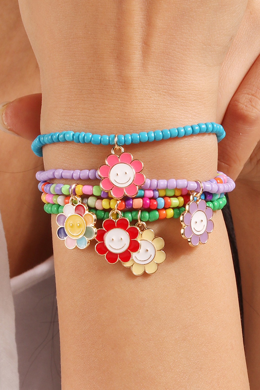 Shewin Wholesale Chic Women Light Blue 5pcs Smiley FLOWER Pendant Beaded Bracelet Set