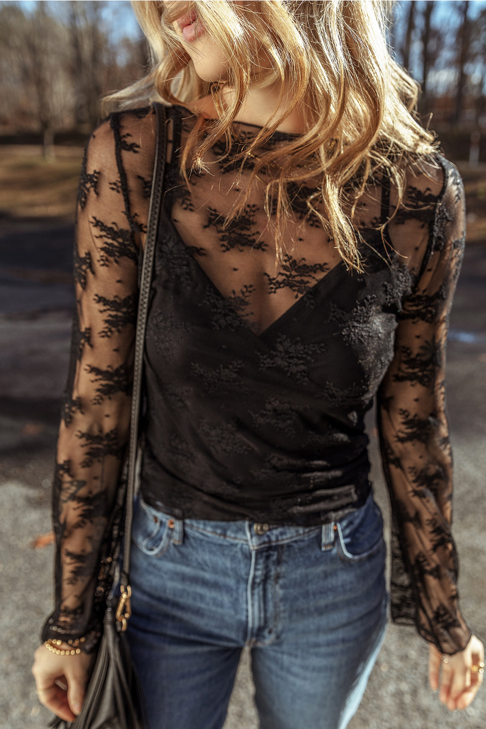 Shewin Wholesale Apparel BLACK Mesh Crochet Splicing Slim Fit Long Sleeve Blouse