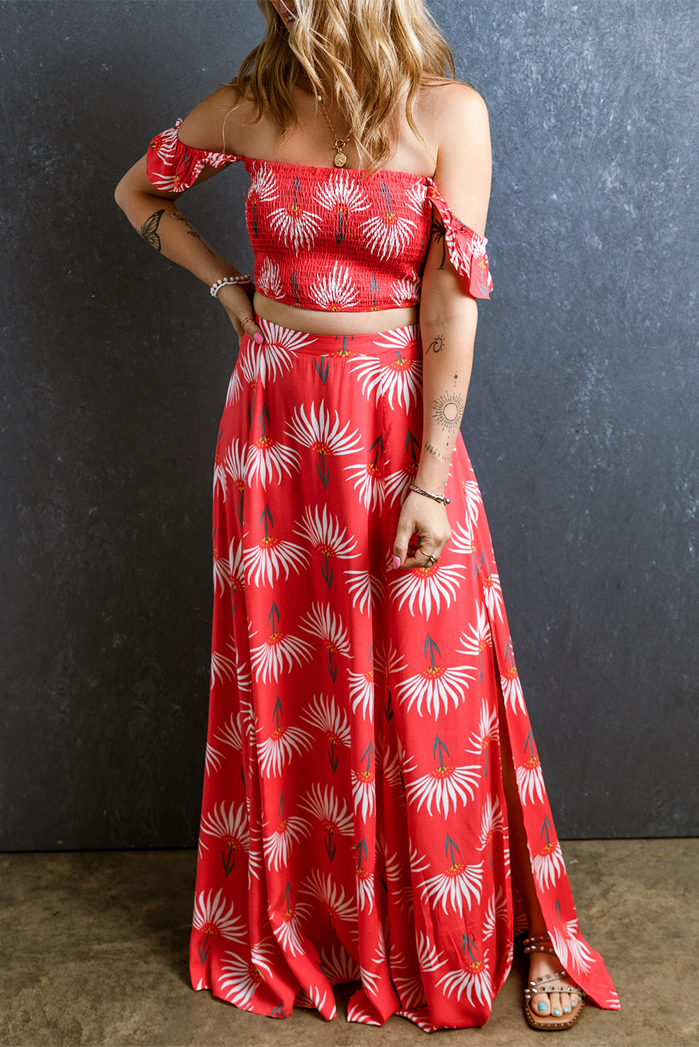 Shewin Wholesale Chic Women Red Floral Shirred Off Shoulder Crop Top and Slit Maxi Skirt Set