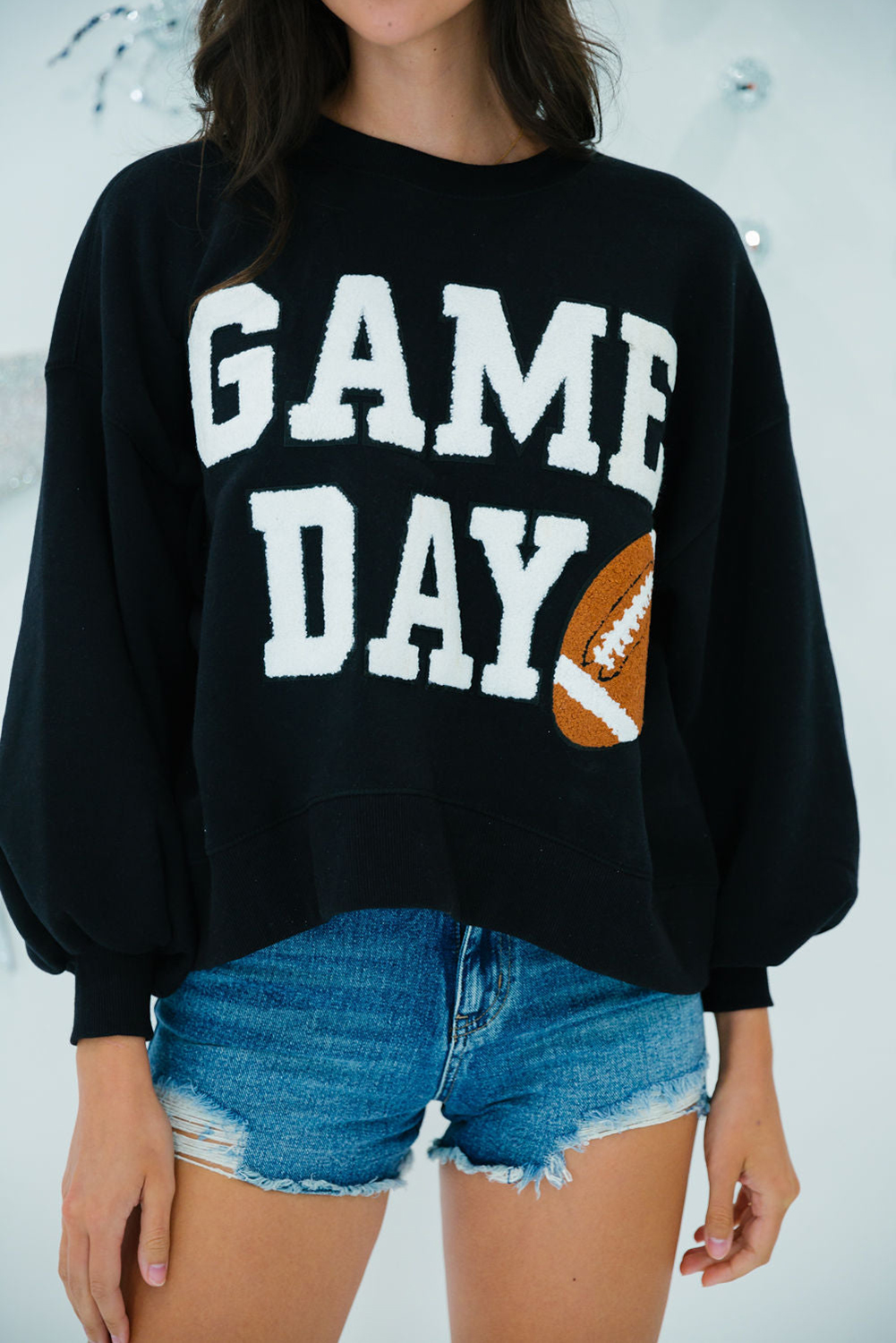 Shewin Wholesale Clothes Black GAME DAY Graphic Varsity Pullover Sweatshirt