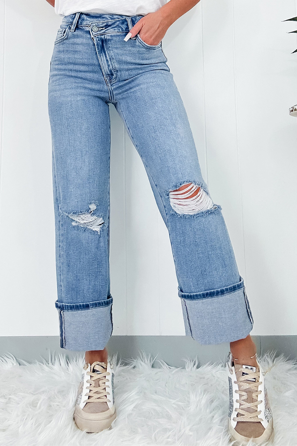 Shewin Wholesale Fall Dusk Blue High Rise Asymmetric Button Zip Fly Ripped JEANS