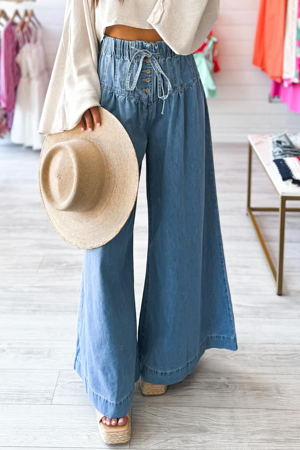 Dusk Blue Mineral Wash Button High Waist Wide Leg JEANS