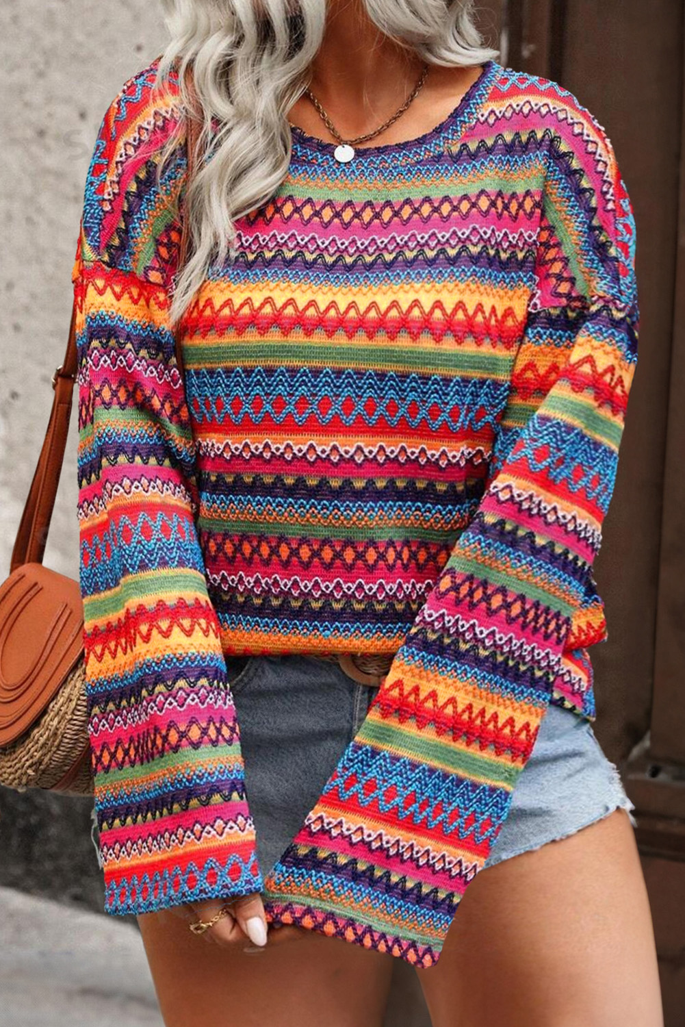 Shewin Wholesale Bulk RED Ethnic Striped Print Long Sleeve Plus Size Knit Top