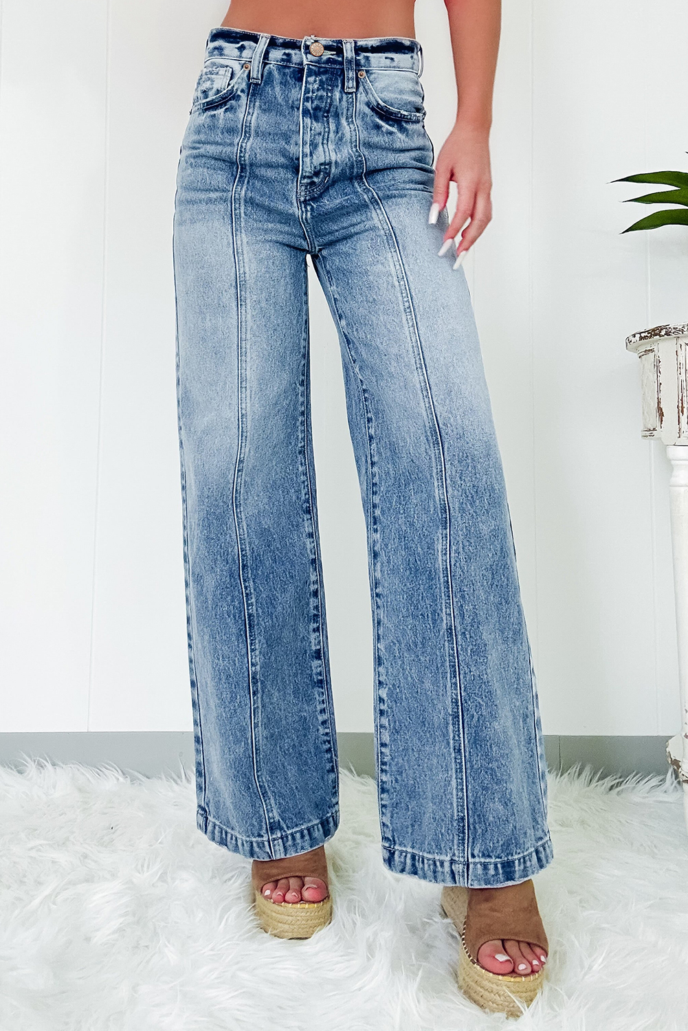 Shewin Wholesale New arrival Dusk Blue Central Seamed Wide Leg High Waist JEANS