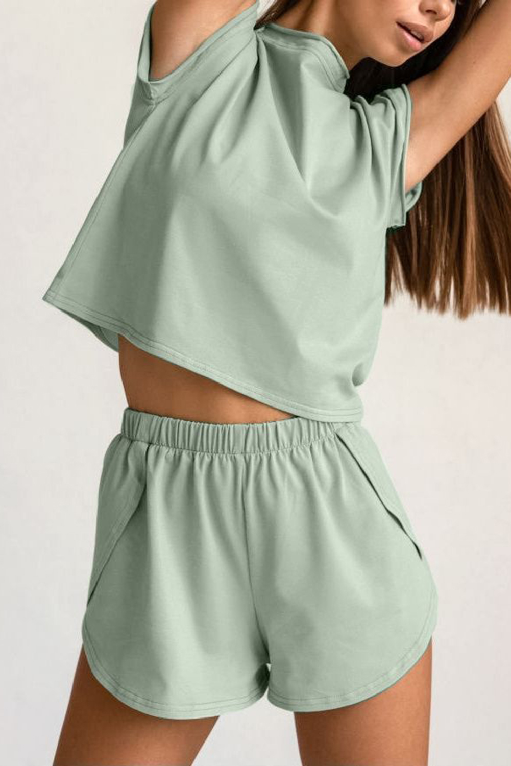 Shewin Wholesale Elegant Smoke Green Solid Color Cropped Tee & Shorts Set