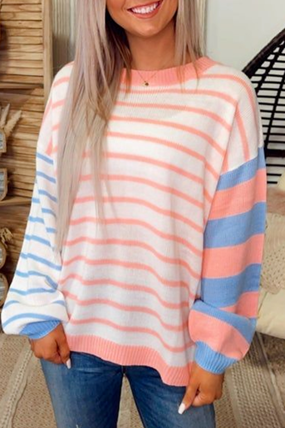 Shewin Wholesale Boutique Pale Chestnut Striped Colorblock Pullover SWEATER