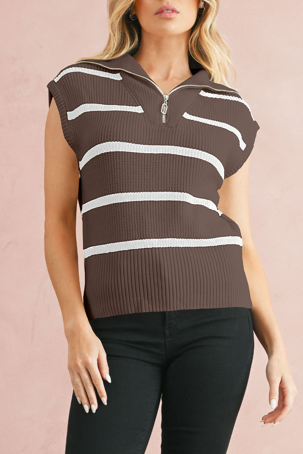 Shewin Wholesale Customized Brown Stripe Zipped Collar CAP Sleeve Knit Top