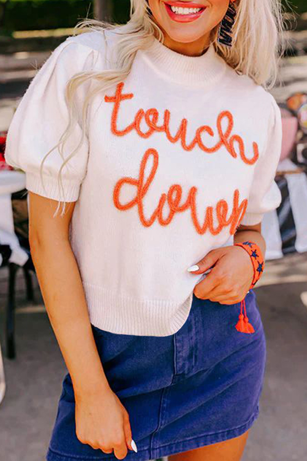 Shewin Wholesale CHIC Women White Touchdown Tinsel Puff Short Sleeve Sweater
