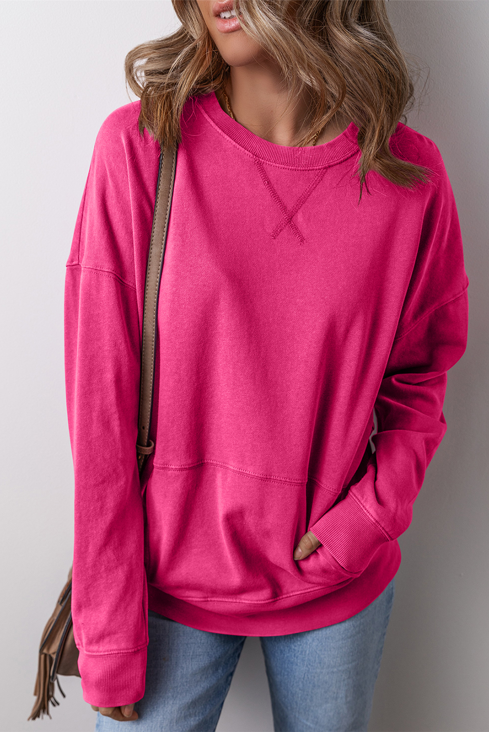 Shewin Wholesale Clothes Rose Red Kangaroo Pocket Loose Fit Drop Shoulder SWEATSHIRT