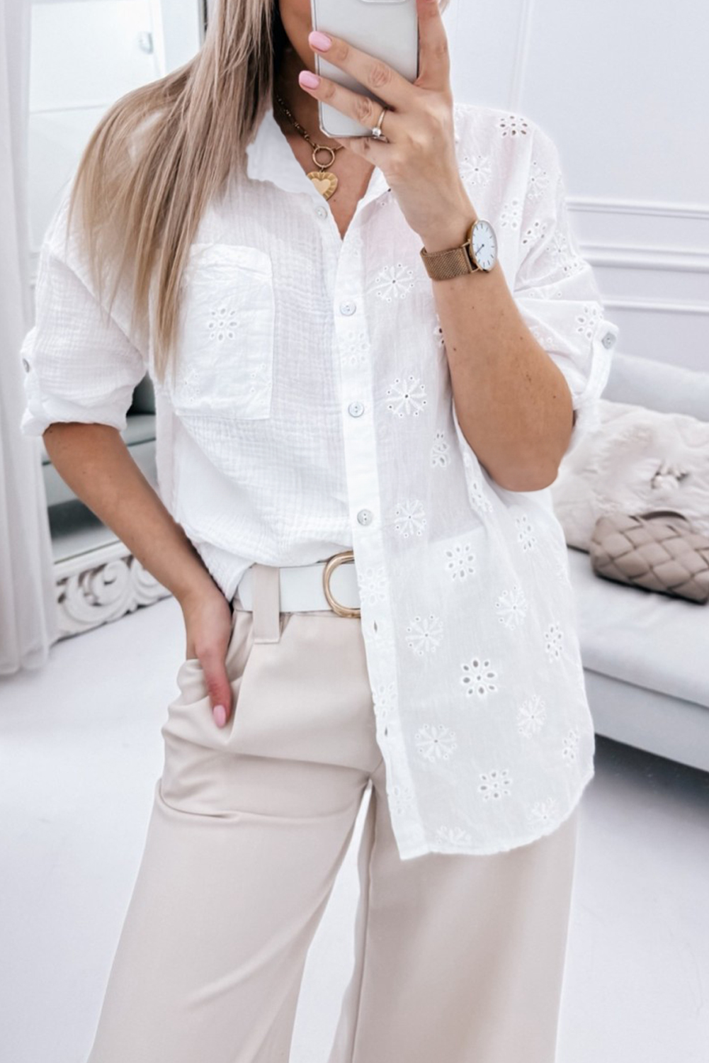 Shewin Wholesale Elegant White Embroidered Anglaise CRINKLE Shirt